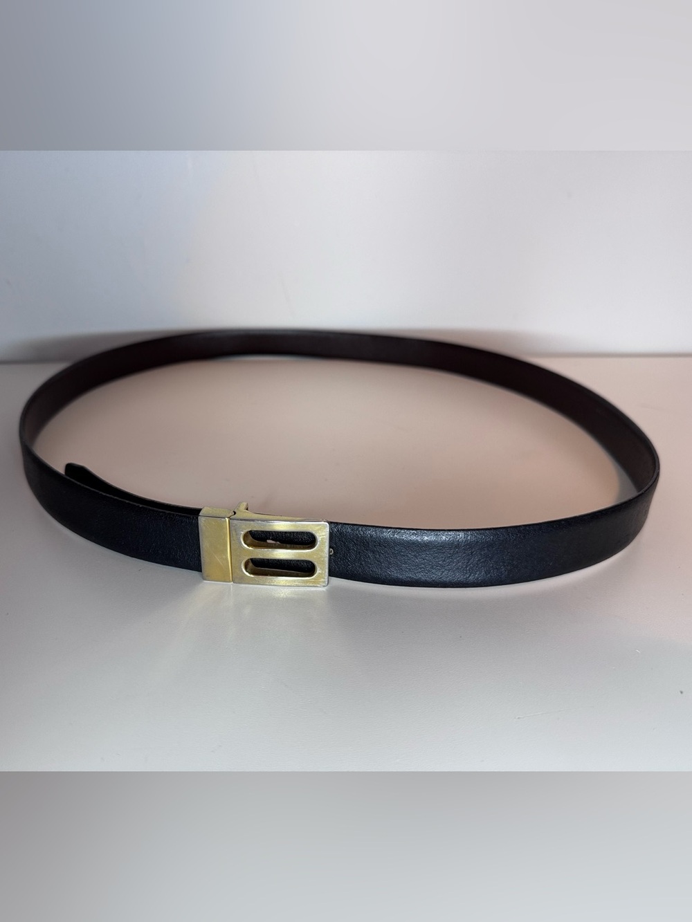 Classic Black Leather Belt with Gold Buckle - Men